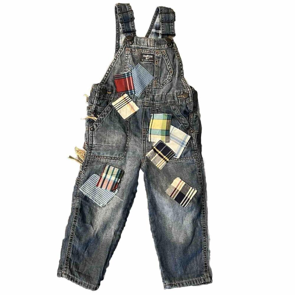 Oshkosh B’Gosh Denim 2T Overalls with Flannel Plaid Patches Scarecrow Halloween